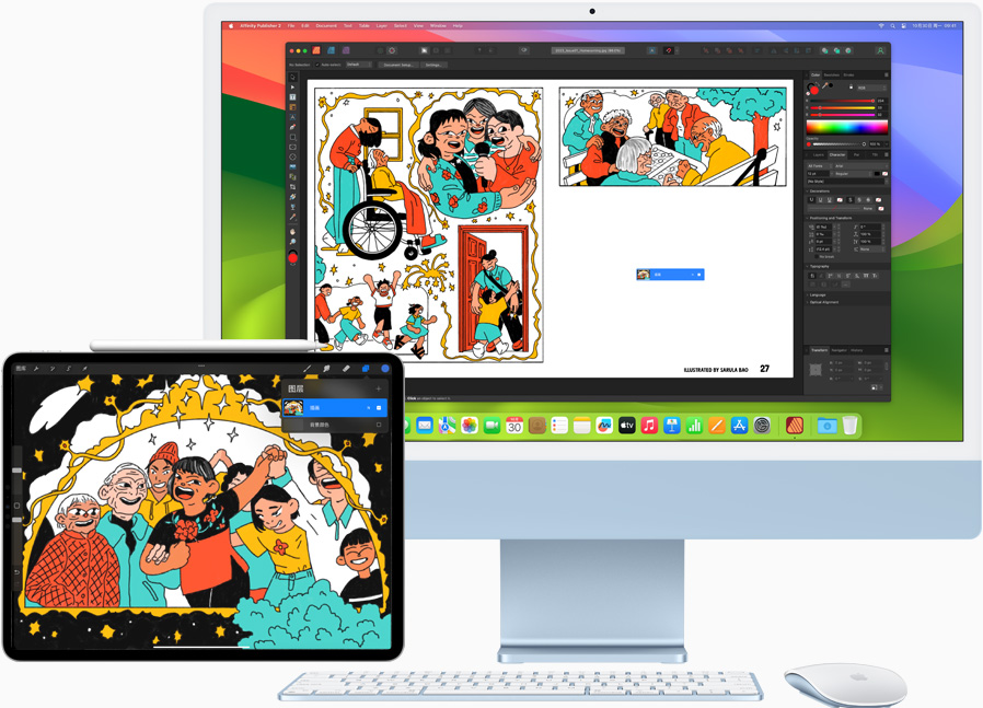 图片展示用户将 12.9 英寸 iPad Pro 和 iMac 搭配使用来进行创作。iMac 上显示创作主项目，iPad 用作第二块显示屏展示更多内容。