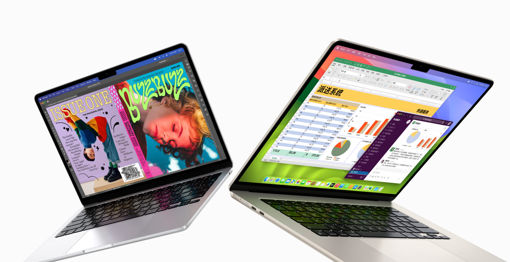 13 英寸 MacBook Air 在左侧，15 英寸 MacBook Air 在右侧，均处于半开合状态。13 英寸屏幕展示使用 InDesign 打造的亮丽多彩的电子杂志封面。15 英寸屏幕展示 Microsoft Excel 和 Slack。