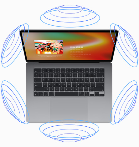 MacBook Air 俯视图，通过示意图展示在音乐播放状态下的空间音频功能