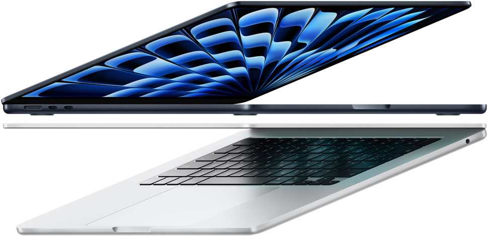 午夜色和银色 MacBook Air (M3 芯片机型) 侧面视图