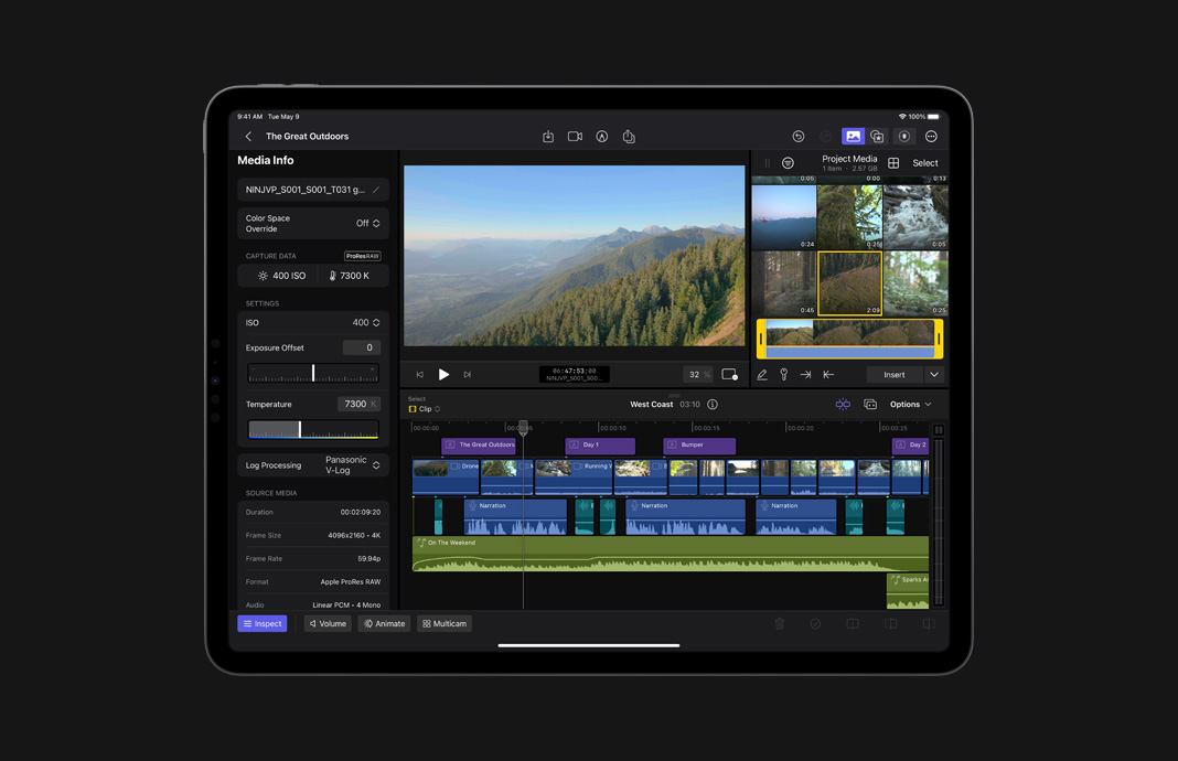 iPad Pro 上的 iPad 版 Final Cut Pro 中，ProRes Raw 素材的媒体信息界面，展示其图像数据。