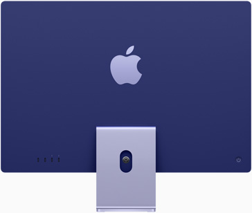 紫色 iMac 立在底座上，Apple 标志位于背部居中的位置