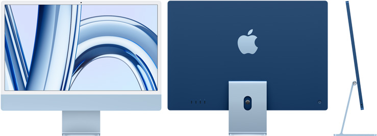 蓝色 iMac 的正视图、后视图及侧视图