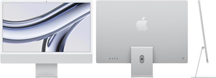 银色 iMac 的正视图、后视图及侧视图