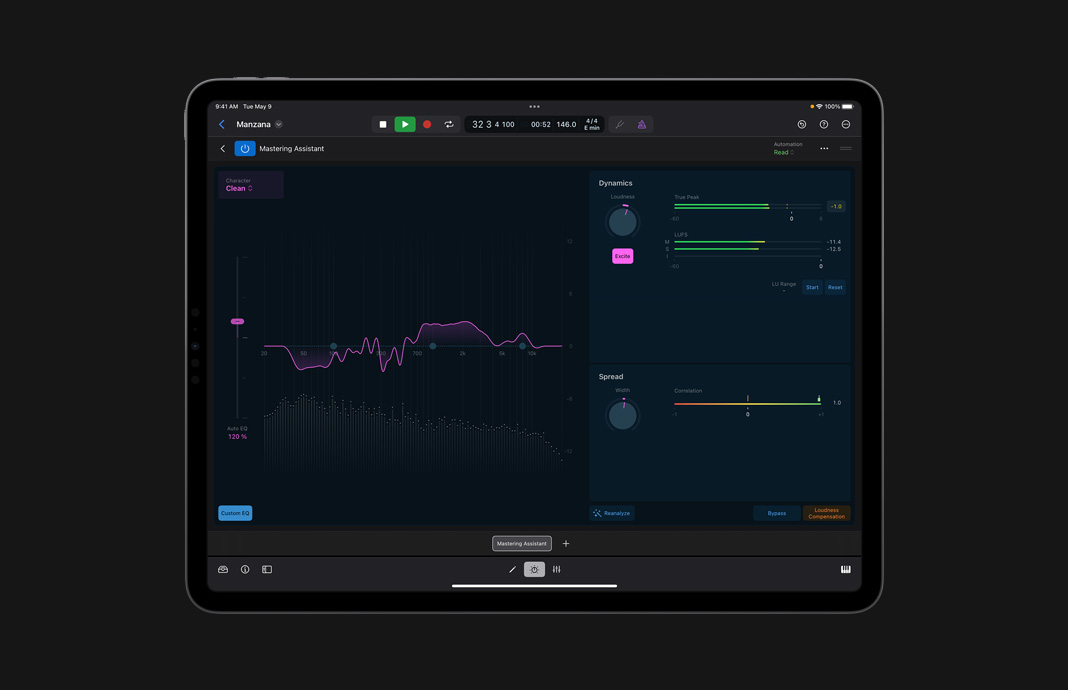 在 iPad Pro 上使用 iPad 版 Logic Pro，Mastering Assistant 用户界面显示均衡器、动态参数和 Speed 设定。