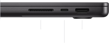 呈闭合状态的 14 英寸 MacBook Pro (M3 Pro 或 M3 Max 芯片机型) 的右侧视图，展示 SDXC 卡插槽、一个雷雳 4 端口以及 HDMI 端口