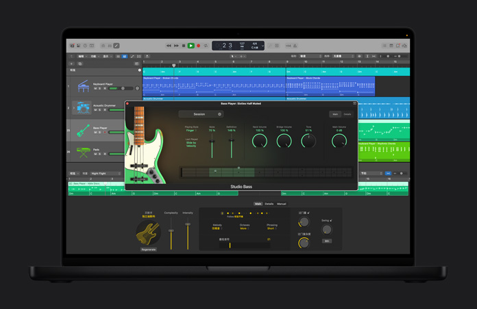 16 英寸 MacBook Pro 屏幕显示 Logic Pro 界面，展示 AI 伴奏乐手，名为&ldquo;Bass Player: Sixties Half Muted&rdquo;的窗口呈打开状态，其中显示有不同音量电平。