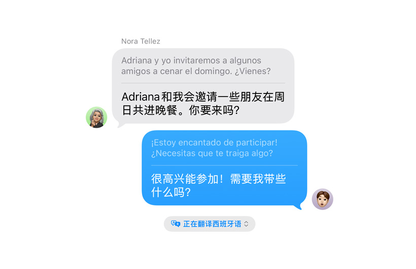 显示在信息 app 中进行实时翻译。