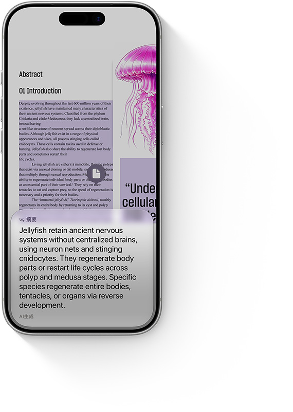 iPhone 屏幕展示正在浏览的内容以及提炼的摘要。