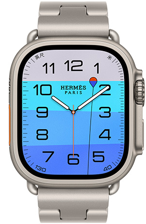 Apple Watch Hermès Ultra 4,展示 Fathom 和 Wonder 模拟表盘 (时针、分针和秒针、水深复杂功能,表盘显示一个橙色浮标在碧海上漂浮的画面,海水色调由浅蓝色渐变至深蓝色)、原色钛金属表壳、右侧外观、数码表冠、凸起的侧边按钮,搭配 Gris Titane 钛灰色 Grand H Titane 表带。