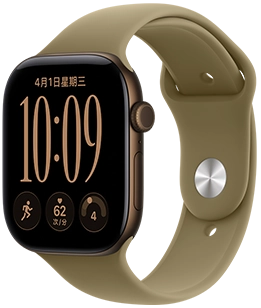 Apple Watch Series 12，展示深古铜色铝金属表壳、右侧外观、数码表冠、麦克风、侧边按钮，搭配橄榄色 (大地绿色系) 运动型表带，表带配有银色按扣加收拢式表扣。