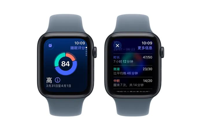 Apple Watch SE 3，展示睡眠评分圆形图表及分数，以及涵盖清醒时间、快速动眼睡眠、核心睡眠和深度睡眠的睡眠阶段分析。