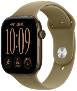 Apple Watch Series 12，展示深古铜色铝金属表壳、模块表盘、星期和日期、体能训练、心率、准备指数复杂功能、右侧外观、数码表冠、侧边按钮，搭配橄榄色运动型表带。