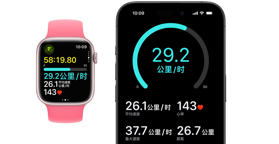 Apple Watch 和 iPhone 的正面视图。某人在手表上开始一项体能训练，相关信息也出现在 iPhone 上。