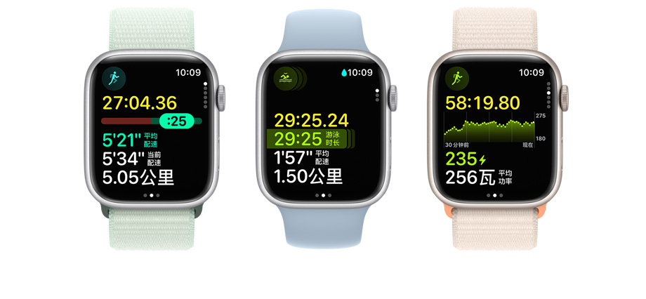 图片展示三只 Apple Watch，各自展示不同的体能训练视图和指标。