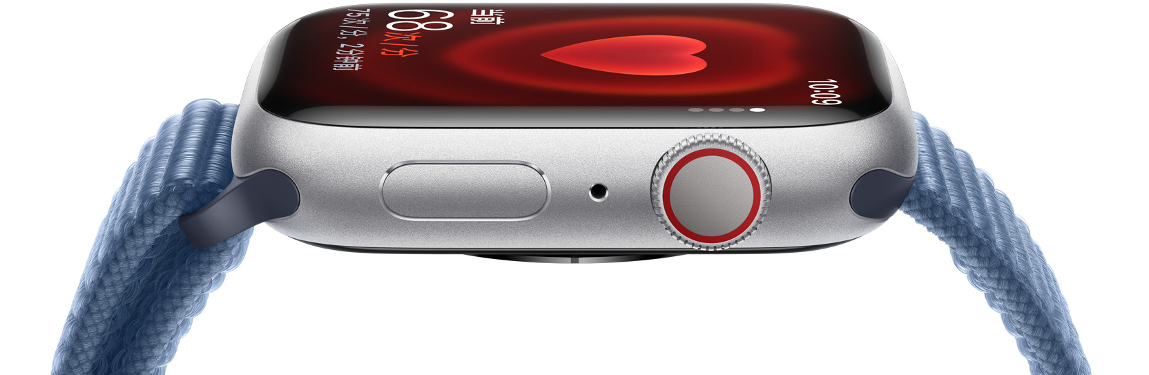 Apple Watch 的侧面视图，展示某人的心率。