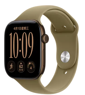 Apple Watch Series 12，展示深古铜色铝金属表壳、紧凑模块表盘，星期和日期、体能训练、心率、准备指数复杂功能，右侧外观、数码表冠、侧边按钮，搭配橄榄色运动型表带。
