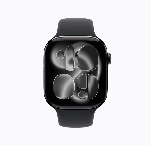 亮黑色 Apple Watch Series 11 的正面外观。