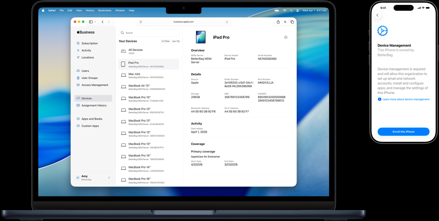 MacBook 和 iPhone 放在一起，MacBook 屏幕显示 Safari，以及提示使用指纹进行登录的 Touch ID 窗口；iPhone 屏幕则显示 Face ID 设置界面，提示缓慢转动头部完成 Face ID 扫描过程