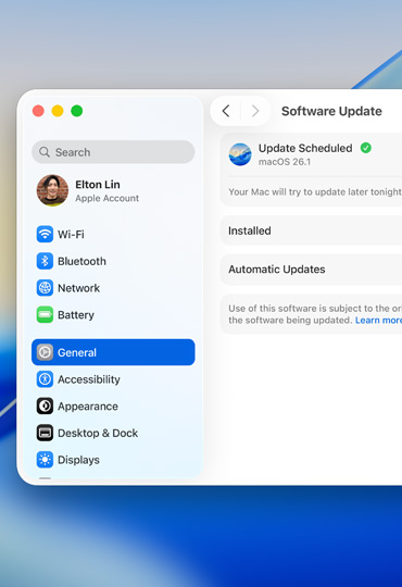 Mac 屏幕展示“系统设置”中已计划的软件更新。