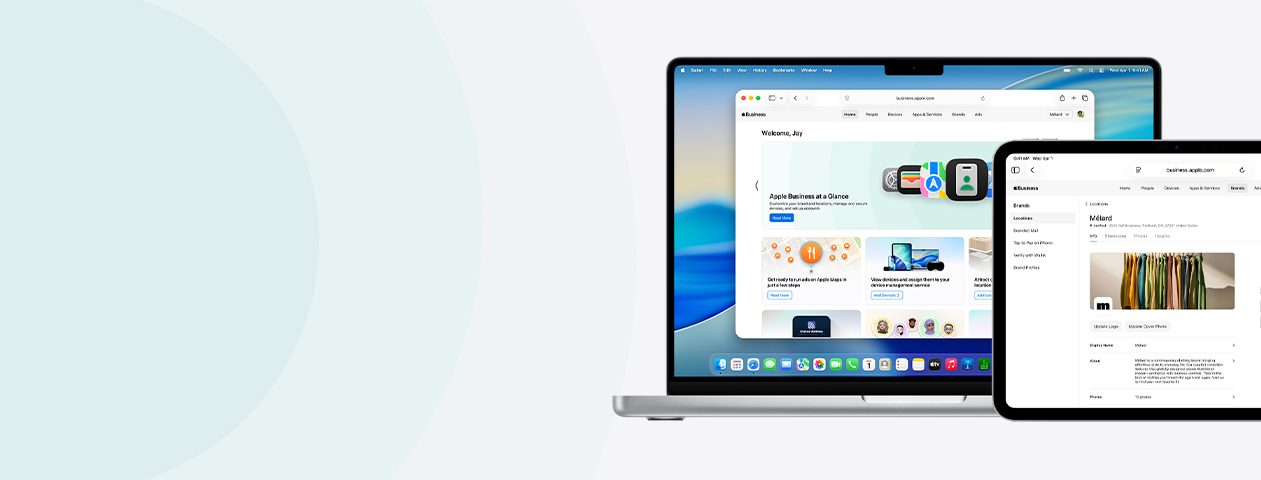 各款 Apple 设备展示着 Apple 商务服务