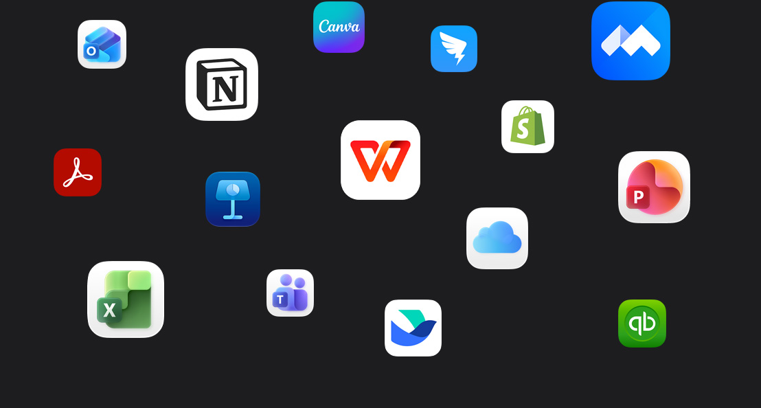 深色背景上散布着 app 图标，包括：Microsoft Teams、Microsoft Excel、Canva、Shopify、Microsoft PowerPoint、飞书、腾讯会议、Notion、Keynote 讲演、钉钉、Salesforce、QuickBooks、WPS、Acrobat Reader、Microsoft Outlook