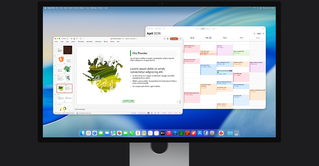 iMac 屏幕显示有多个参与者的 Zoom 视频通话界面，背景中有日历 app 和打开的演示文稿