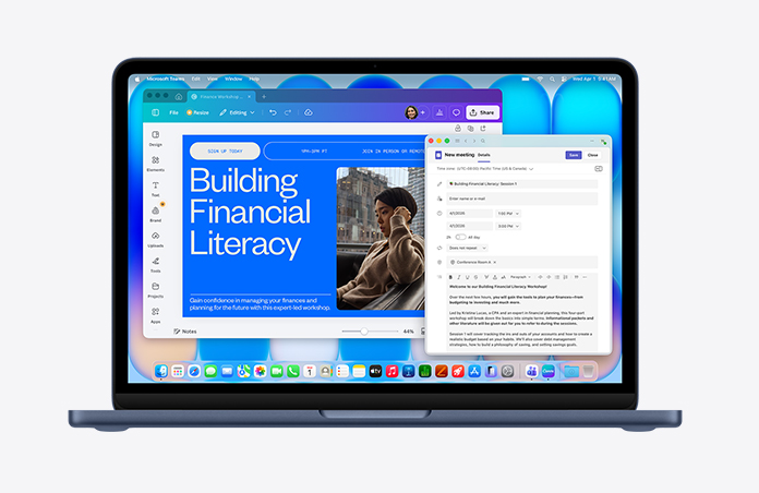 午夜色 MacBook Neo，屏幕显示一个标题为 &lsquo;Building Financial Literacy&rsquo;的网页，页面上有一张人物图片，还有一封打开的邮件草稿、带有各种图标的菜单栏，和底部带有各种 app 图标的程序坞
