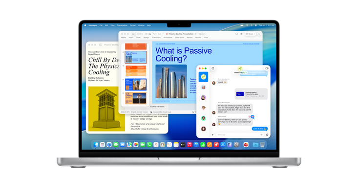 14 英寸 MacBook Pro 展示 Microsoft PowerPoint、信息和 Pages 文稿等 app。 