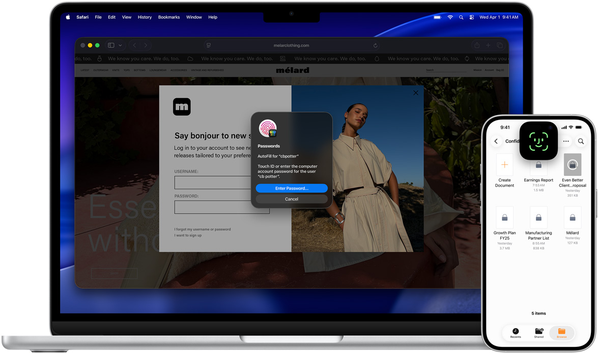MacBook 使用 macOS Tahoe 墙纸，展示触控 ID 窗口。在 MacBook 的前方有一部 iPhone，展示面容 ID 界面。