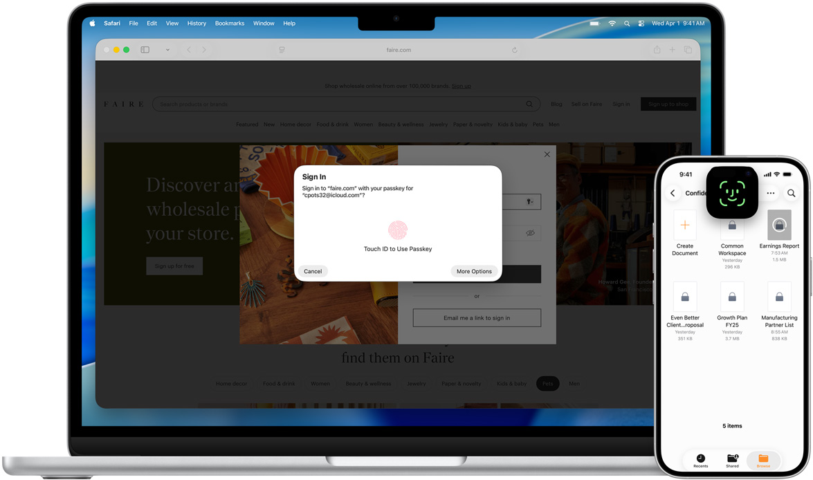 MacBook 上展示触控 ID 窗口，并使用 macOS Tahoe 墙纸。在 MacBook 的前方有一部 iPhone，展示面容 ID 界面。