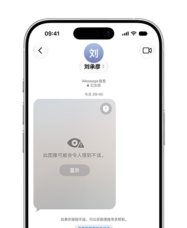 iPhone 显示通信安全功能，提醒用户儿童账户可能正浏览敏感内容。