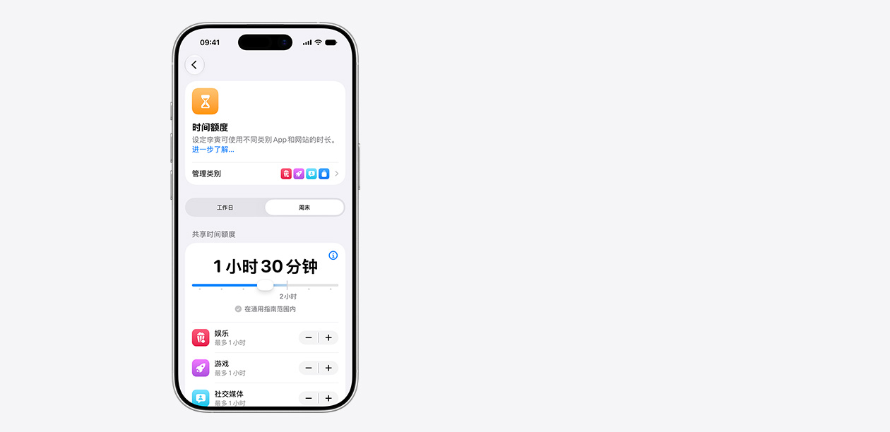 iPhone 显示“时间额度”界面，包括 1 小时 30 分钟的共享时间额度，以及针对娱乐、游戏和社交媒体等 app 类别的建议时间额度。