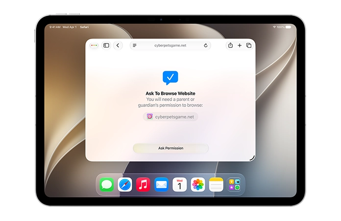 iPad 显示请求浏览界面，请求许可按钮位于界面下部，提示用户需要获得许可才能浏览。