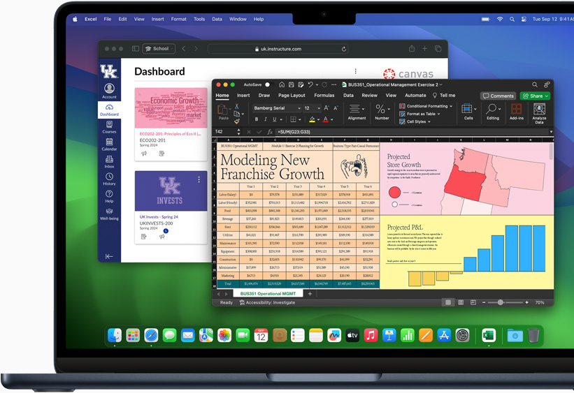 MacBook Air 屏幕上显示 Microsoft Excel 和 Canvas LMS