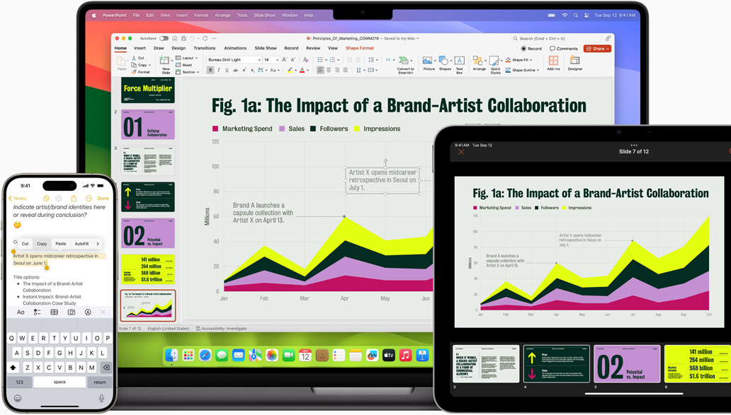 iPhone、MacBook 和 iPad 屏幕上显示备忘录和 Microsoft PowerPoint