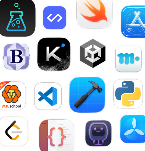 一系列编程 app 图标，包括 Unity Editor、扇贝编程、Swift Playground 和 Apple Developer