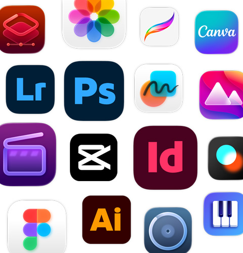 一系列创意 app 图标，包括 Adobe Illustrator、Canva、剪映专业版和 Figma