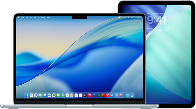 左侧为 MacBook，右侧为 iPad，屏幕显示相似的蓝绿色墙纸