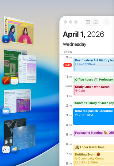 屏幕上分组显示各种 Apple app，包括 Keynote 讲演、Pages 文稿、备忘录和邮件