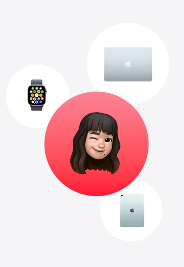 Apple Watch、MacBook、iPad 环绕在一个红色圆圈周围，圆圈中是一个拟我表情