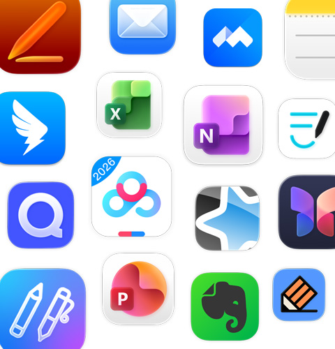 一系列生产力 app 图标，包括百度网盘、印象笔记、钉钉和 Quizlet