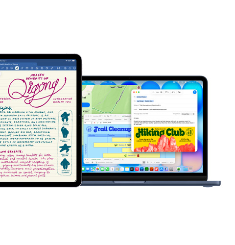 iPad 屏幕显示 Goodnotes，Mac 屏幕显示同时使用多个 app