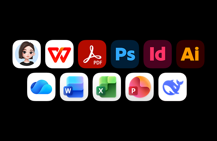 多个图标，包括豆包、WPS、Adobe Acrobat、Adobe Photoshop、Adobe InDesign、Adobe Illustrator、OneDrive、Microsoft Word、Microsoft Excel、Microsoft PowerPoint、DeepSeek。
