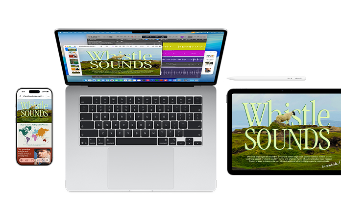 Mac、iPhone 和 iPad 在各自屏幕上显示同一个“Whistle Sounds”项目，展示 Apple 设备如何无缝协作。