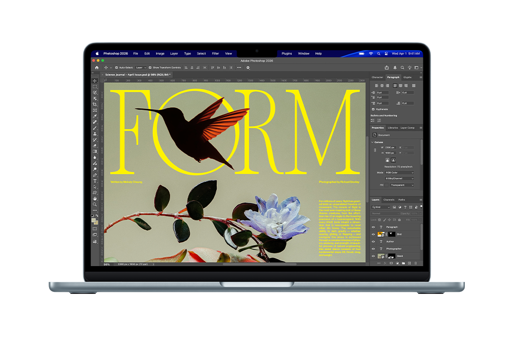 MacBook Air 上的 Adobe Photoshop 界面，显示正在创建的科学期刊封面设计。