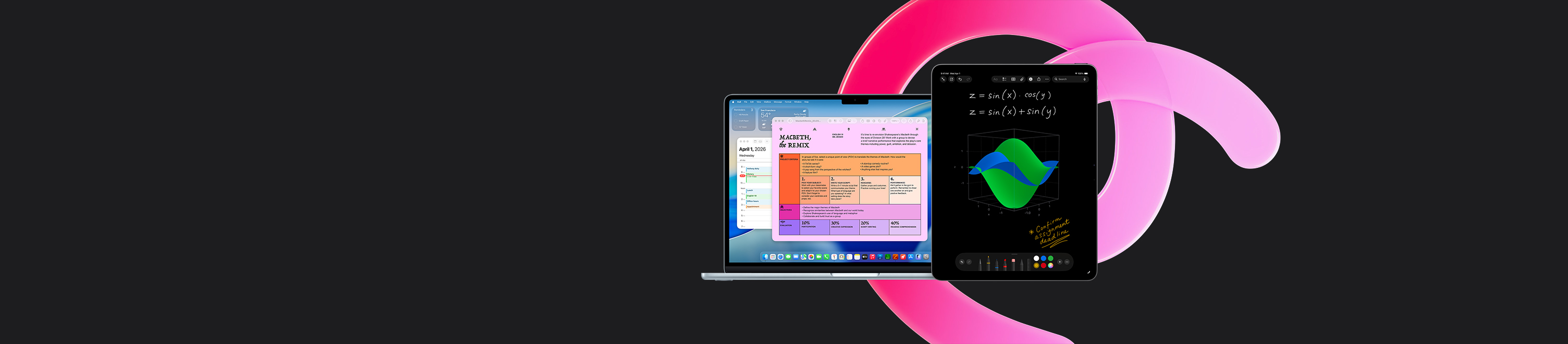 MacBook Air 显示 Pages 文稿、日历、提醒事项，旁边的 iPad 显示“数学笔记”中的手写方程式，展示内置 app 带来的生产力。