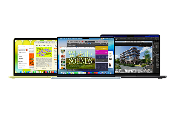 柑橘黄色 MacBook Neo、银色 MacBook Air 和深空黑色 MacBook Pro，代表 Mac 系列中不同性能的产品。