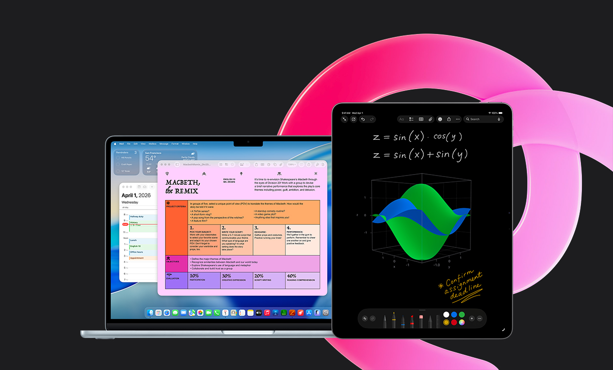 MacBook Air 显示 Pages 文稿、日历、提醒事项，旁边的 iPad 显示“数学笔记”中的手写方程式，展示内置 app 带来的生产力。