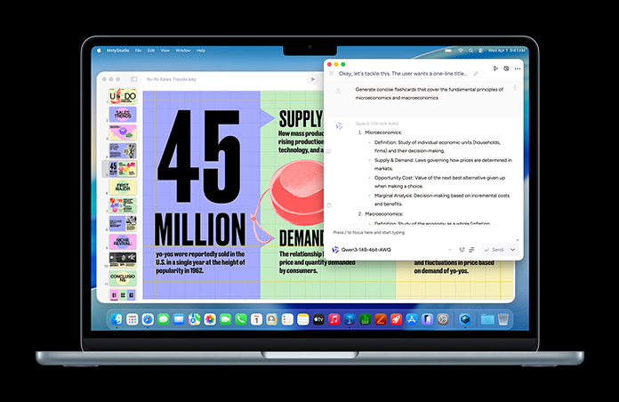 MacBook 上显示的 Msty Studio 界面正演示着微观经济学闪卡，展示设备端 AI 功能。